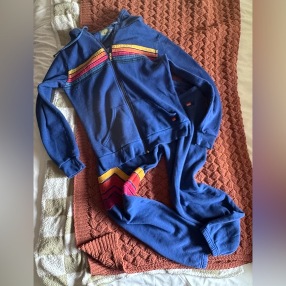Aviator Nation Blue Hoodie and Sweat Pants Set with Colorful Stripes - Picture 1 of 10